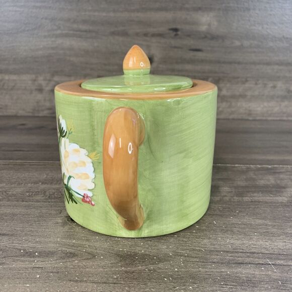Vintage Teapot Hand Painted Flowers Ceramic Teapot Designpac Green 4 Inch - Picture 2 of 9